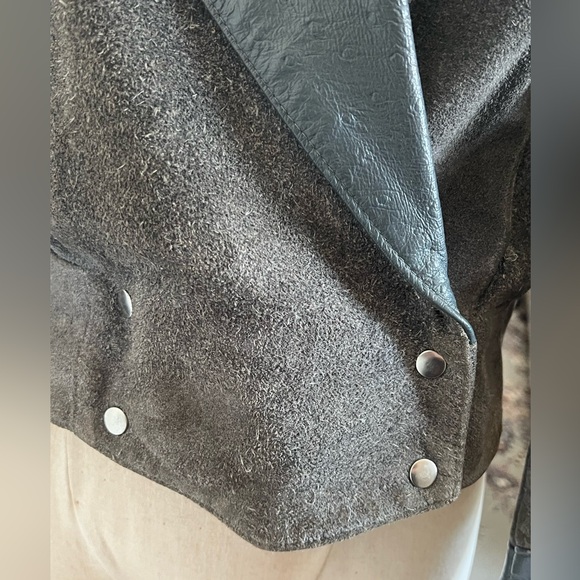 Vintage 1980s Leather Fringe Jacket Gray, Ostrich Print Leather and Suede - Sz M - Picture 11 of 17